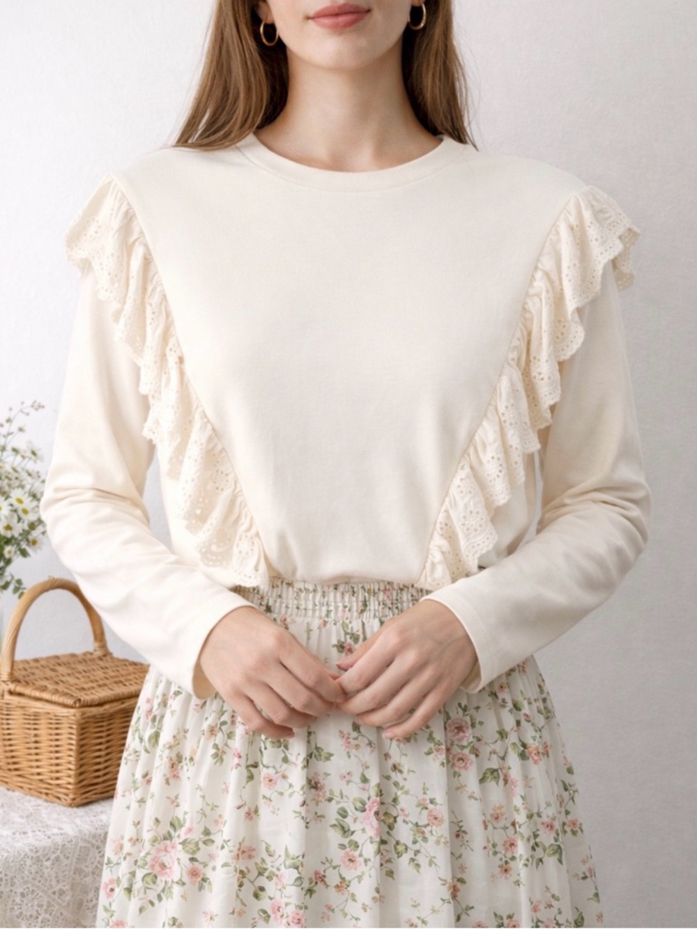 English Factory Cream Top Ruffle Lace Romantic Cottagecore Large NWOT Sweater